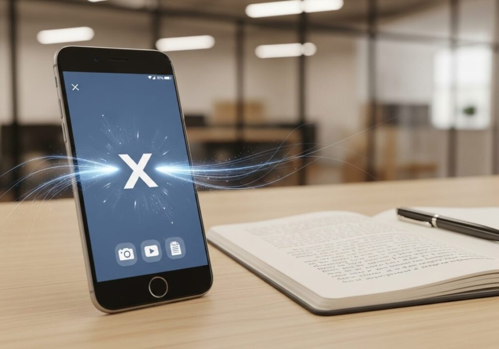 persona con smartphone y flujo de iconos multimedia