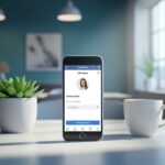 persona editando Facebook con smartphone en oficina moderna