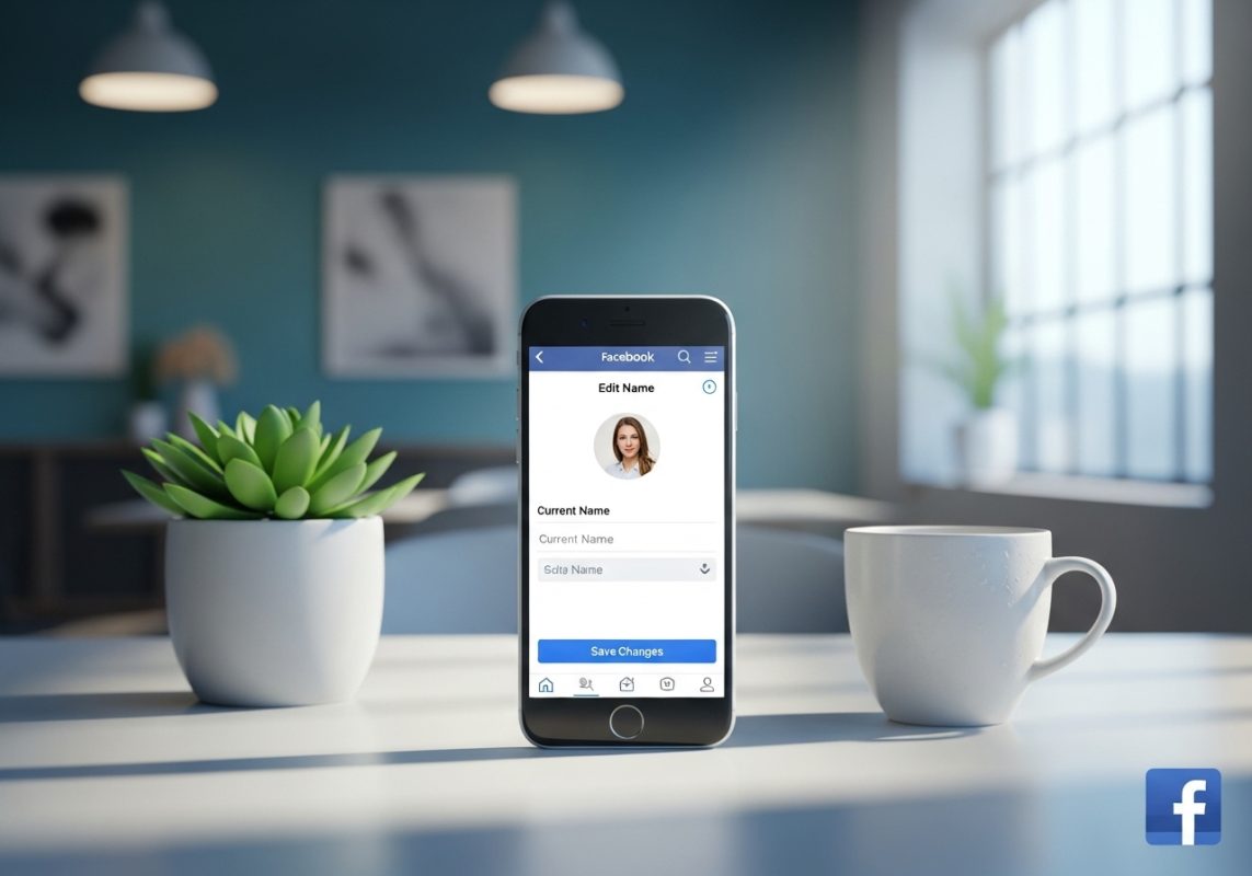 persona editando Facebook con smartphone en oficina moderna