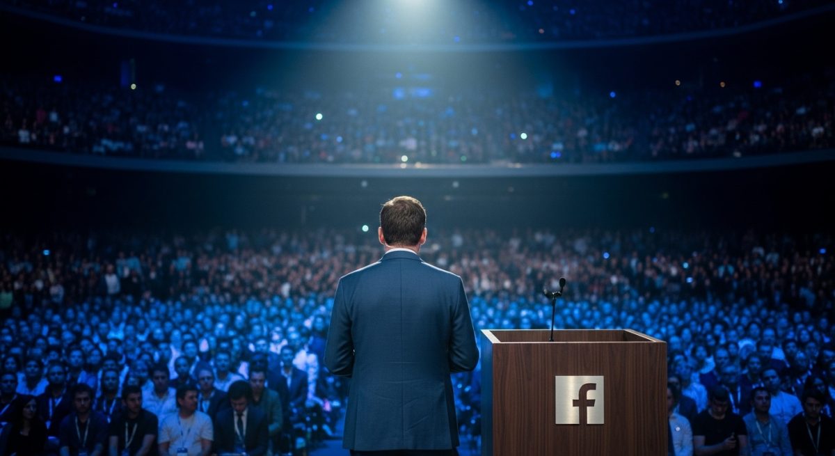 Persona en escenario con atril Facebook y audiencia difuminada
