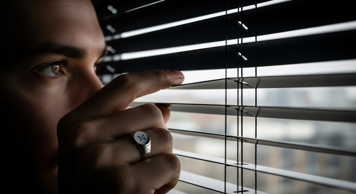 Persona mirando por persiana con anillo de sello X