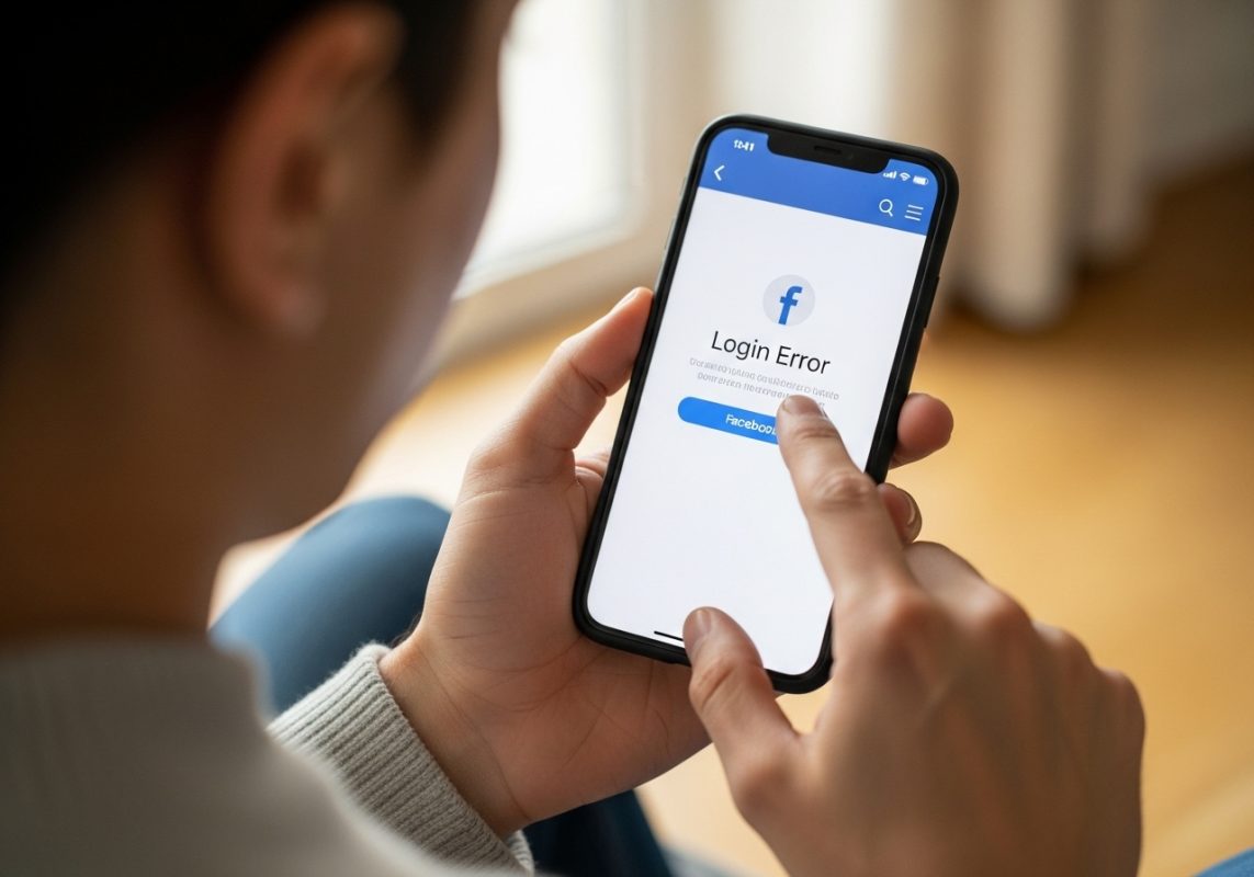 persona preocupada con su smartphone con error de login de Facebook