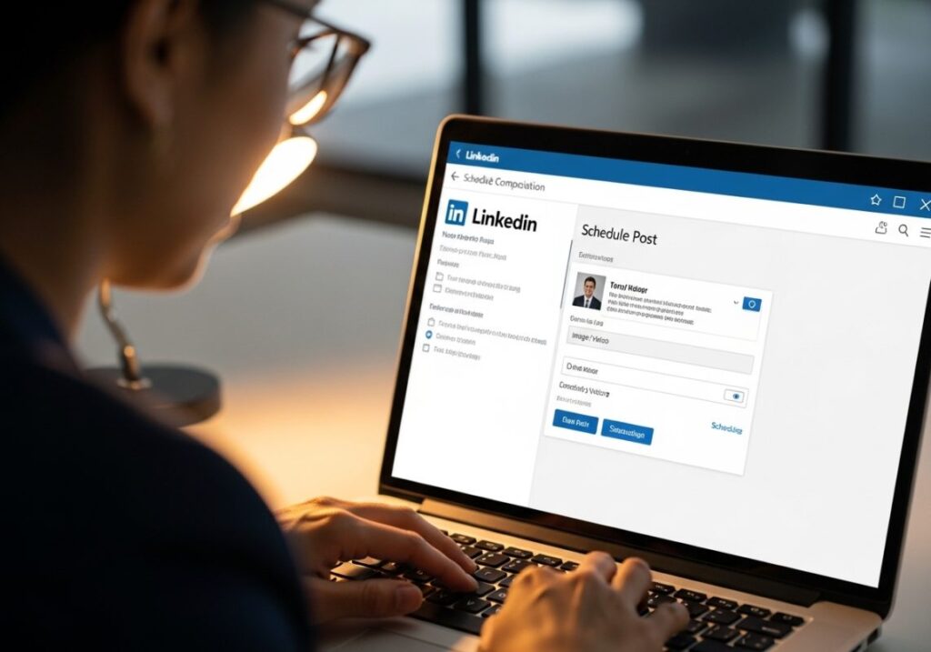 persona programando publicación en LinkedIn desde laptop