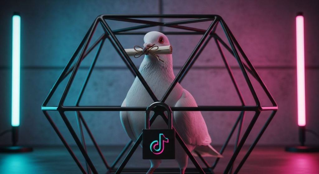 Pichón mensajero blanco en jaula metálica con luz neón y candado de TikTok