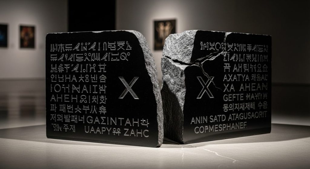 Piedra de Rosetta moderna en obsidiana negra con inscripciones antiguas y logos de X