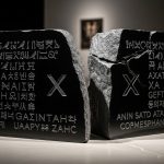 Piedra de Rosetta moderna en obsidiana negra con inscripciones antiguas y logos de X