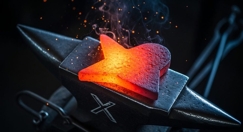 Pieza de metal incandescente sobre yunque en forja artesanal con logo de X