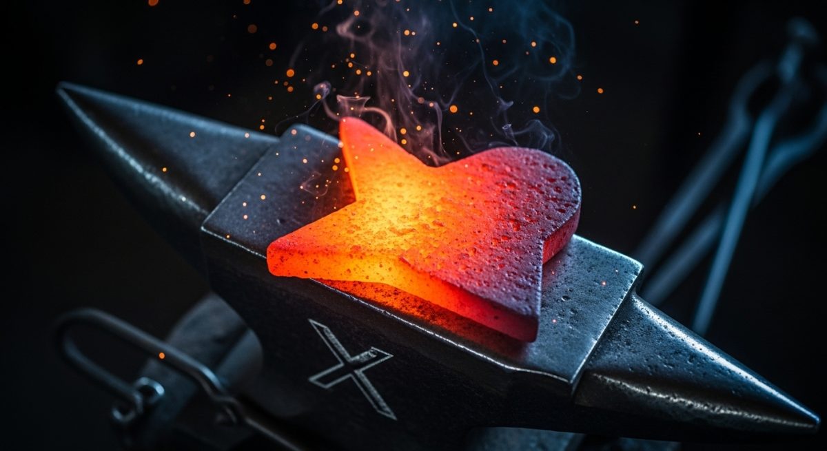 Pieza de metal incandescente sobre yunque en forja artesanal con logo de X