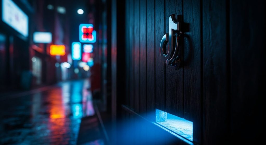Puerta de madera oscura con llamador metálico TikTok iluminado