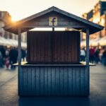 Puesto vacío madera desgastada con logo Facebook en mercado concurrido