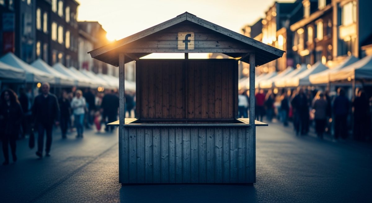 Puesto vacío madera desgastada con logo Facebook en mercado concurrido