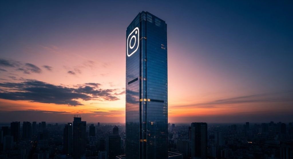 Rascacielos de vidrio al atardecer con forma de logo Instagram