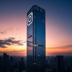 Rascacielos de vidrio al atardecer con forma de logo Instagram