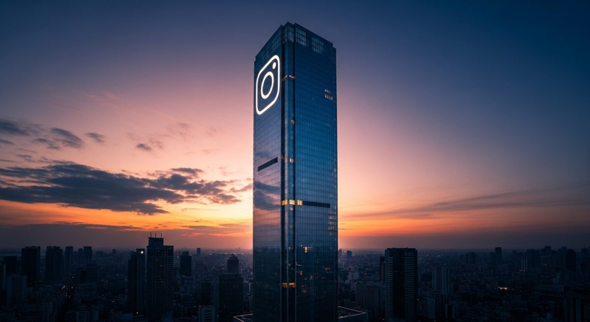 Rascacielos de vidrio al atardecer con forma de logo Instagram