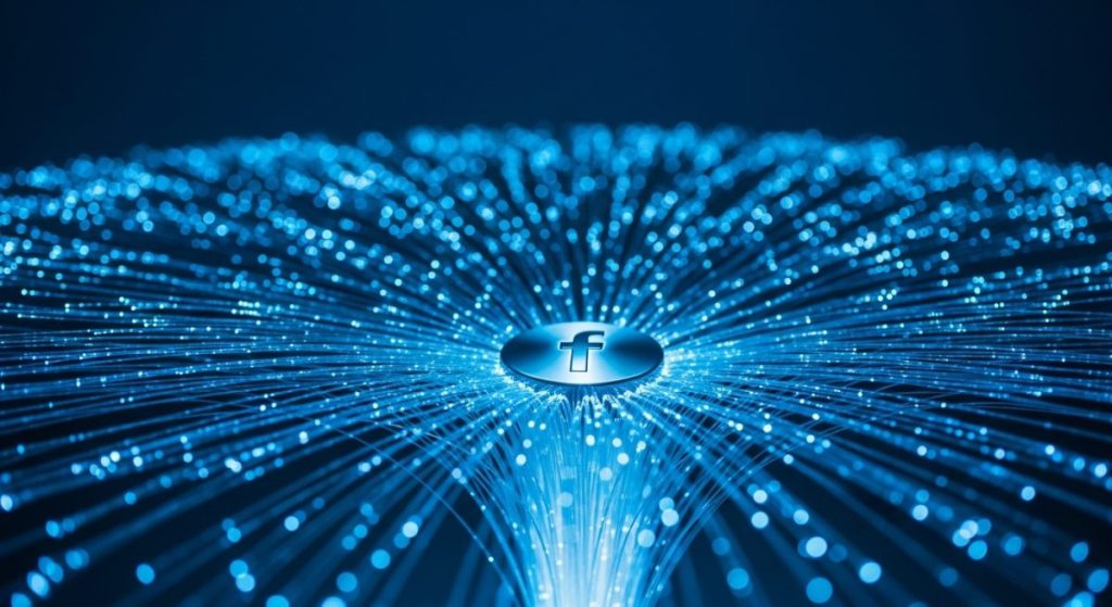 Red de hilos de fibra óptica azules con logo de Facebook en centro