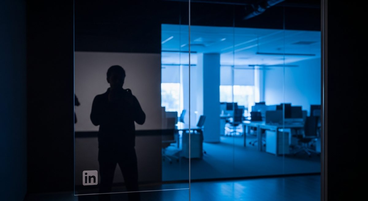 Reflejo tenue en espejo unidireccional con logo LinkedIn en oficina