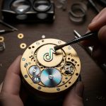 Relojero limpiando mecanismo de reloj con logo de TikTok en engranaje