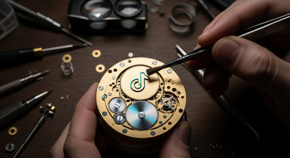 Relojero limpiando mecanismo de reloj con logo de TikTok en engranaje