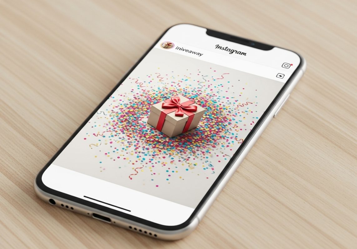 smartphone con sorteo de Instagram y caja de regalo