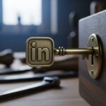 una llave de latón cuya cabeza tiene la forma del logo de LinkedIn siendo insertada en la cerradura de una caja de madera