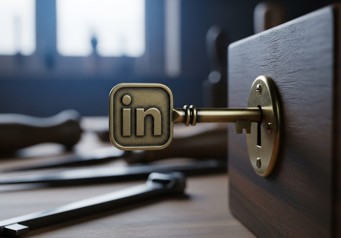 una llave de latón cuya cabeza tiene la forma del logo de LinkedIn siendo insertada en la cerradura de una caja de madera
