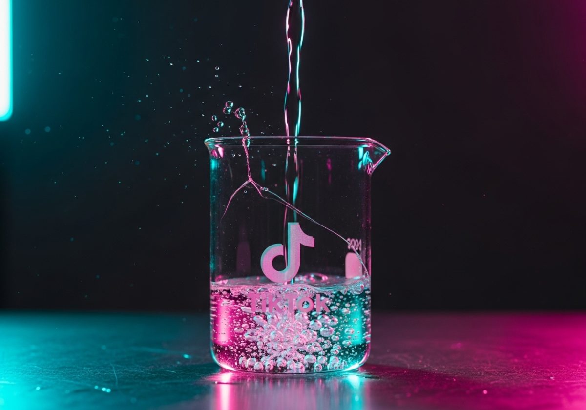 Vaso de precipitados con grieta y logo TikTok iluminado