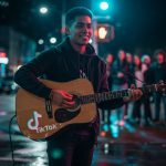 Artista callejero tocando guitarra acústica con logo de TikTok