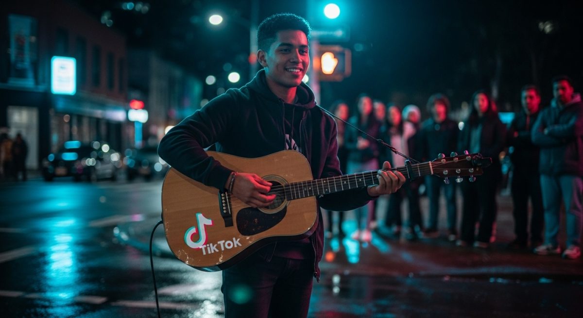Artista callejero tocando guitarra acústica con logo de TikTok