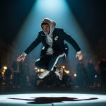 Bailarín en el aire con pin de TikTok en chaqueta