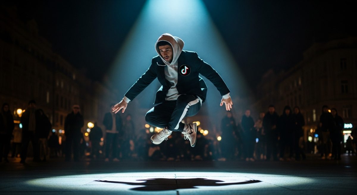 Bailarín en el aire con pin de TikTok en chaqueta