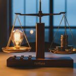 Balanza de brass y madera con bombilla y monedas en equilibrio