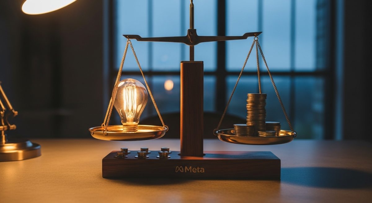 Balanza de brass y madera con bombilla y monedas en equilibrio