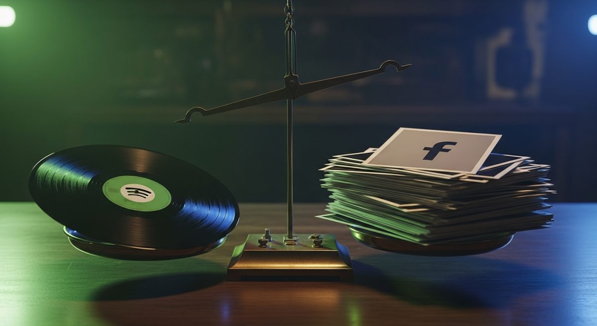 Balanza de bronce con disco de vinyl y logos de Spotify y Facebook