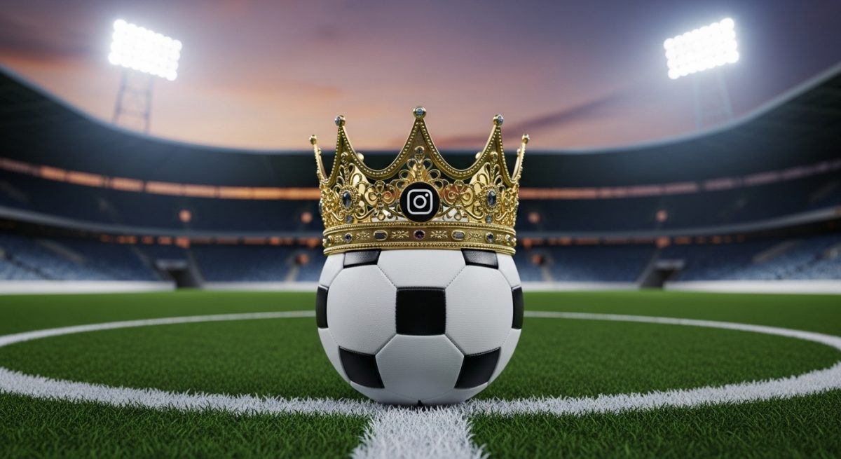 Balón de fútbol con corona dorada y logo de Instagram en estadio