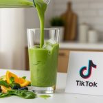 Batido verde fresco siendo servido en un vaso alto y logo de TikTok