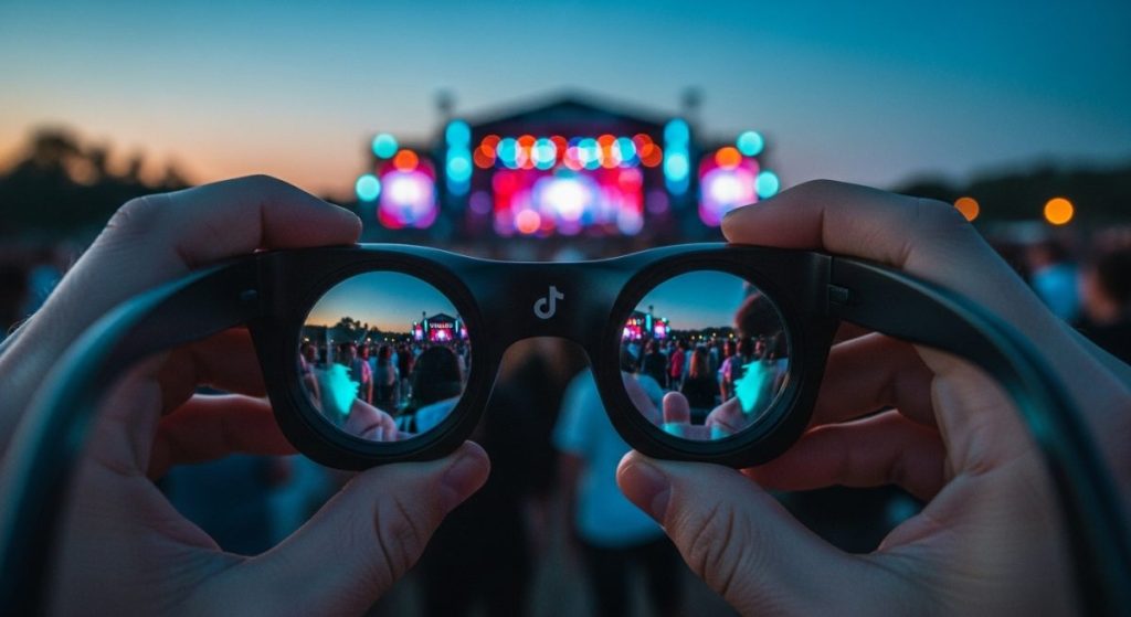 Binoculares de ópera negros con logo de TikTok en un festival