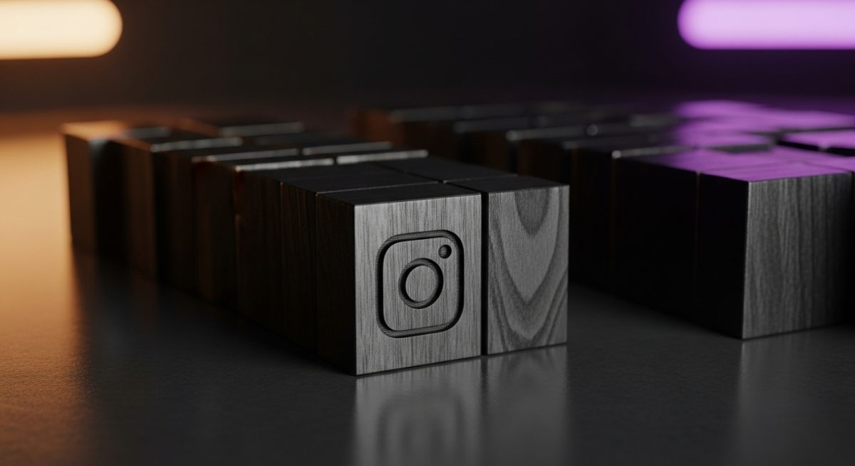 Bloques de letterpress minimalistas de madera negra con logo de Instagram