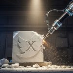 Brazo robótico metálico tallando un logo X en mármol Carrara