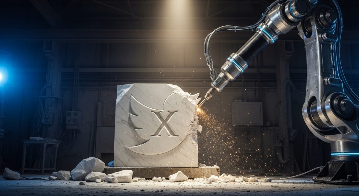 Brazo robótico metálico tallando un logo X en mármol Carrara