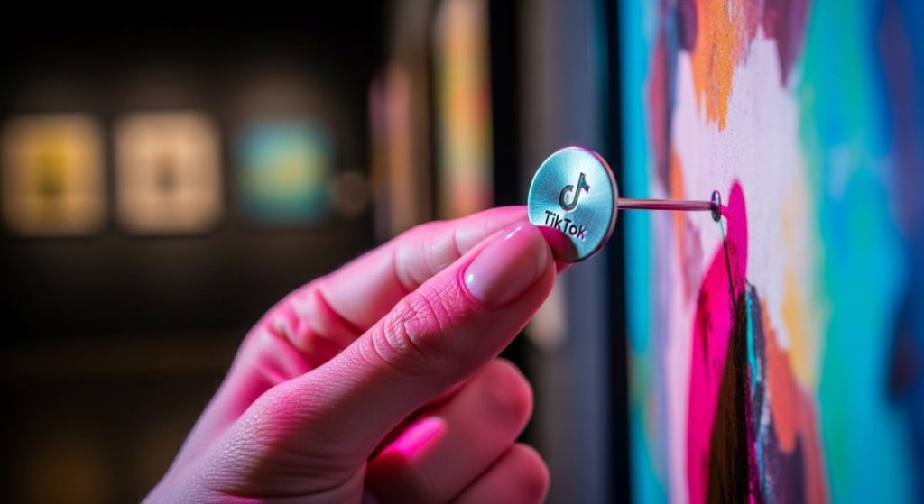 Broche metálico elegante con logo de TikTok en galería de arte