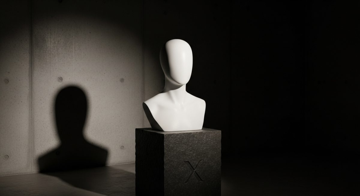 Busto de maniquí blanco mate con logo X en pedestal oscuro