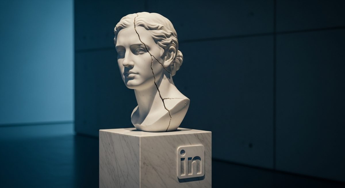 Busto de mármol blanco moderno con crack y logo de LinkedIn