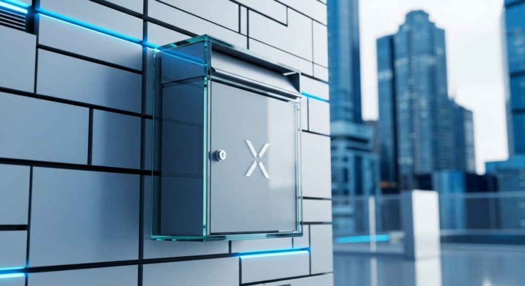 Buzón de vidrio moderno con logo X en entorno futurista