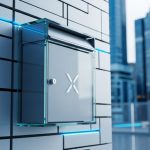 Buzón de vidrio moderno con logo X en entorno futurista