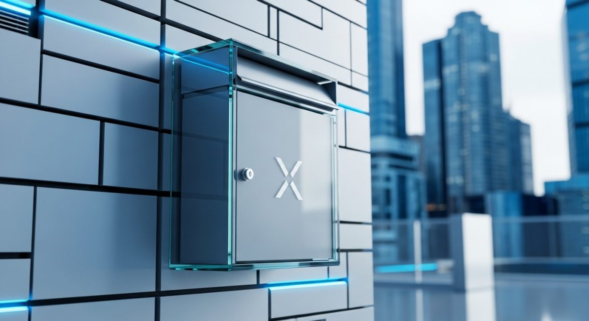Buzón de vidrio moderno con logo X en entorno futurista