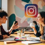 Café con dos personas conversando rodeadas de notas coloridas y logo de Instagram de fondo