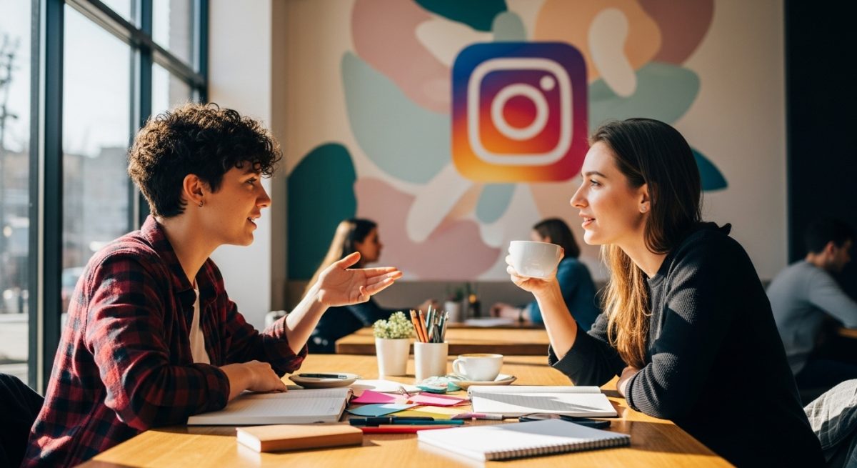 Café con dos personas conversando rodeadas de notas coloridas y logo de Instagram de fondo