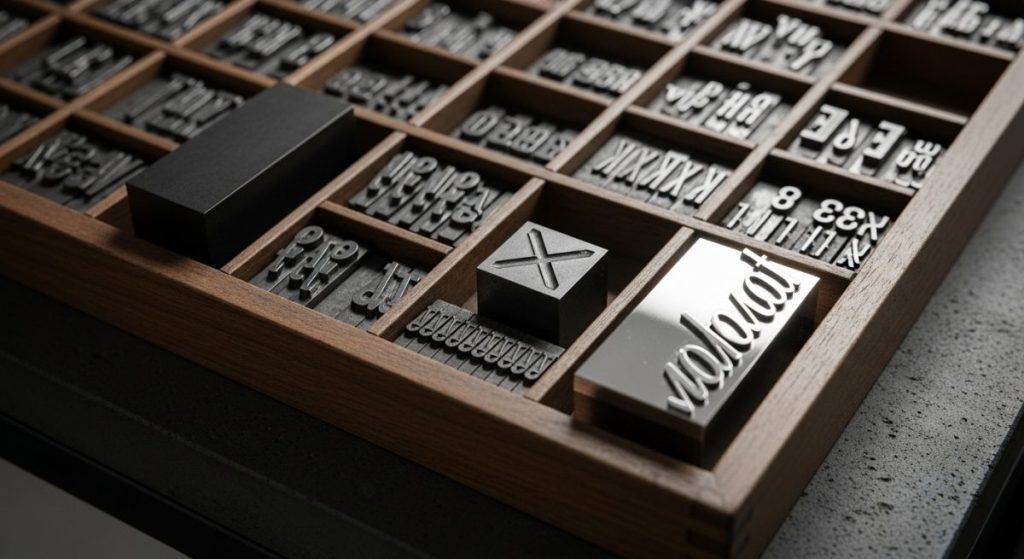 Cajón de tipos de madera con bloques de metal destacados