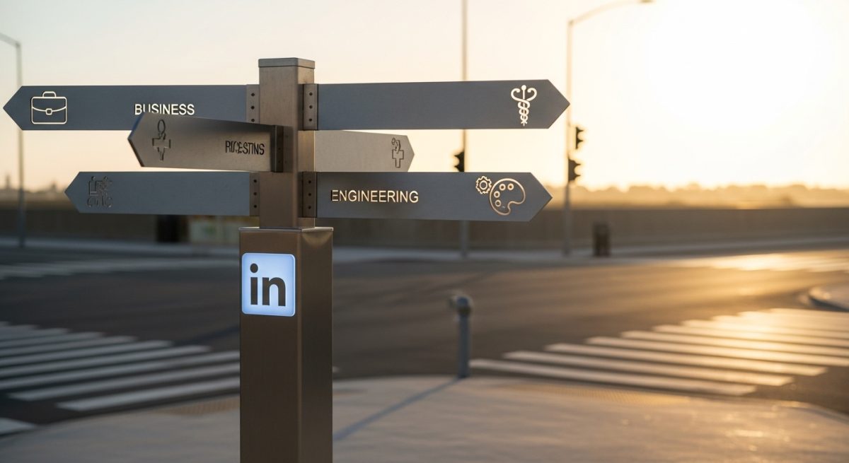 Cartel minimalista de metal con logo de LinkedIn iluminado al amanecer