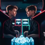 Competidores en una arcade con logo de TikTok en cabina